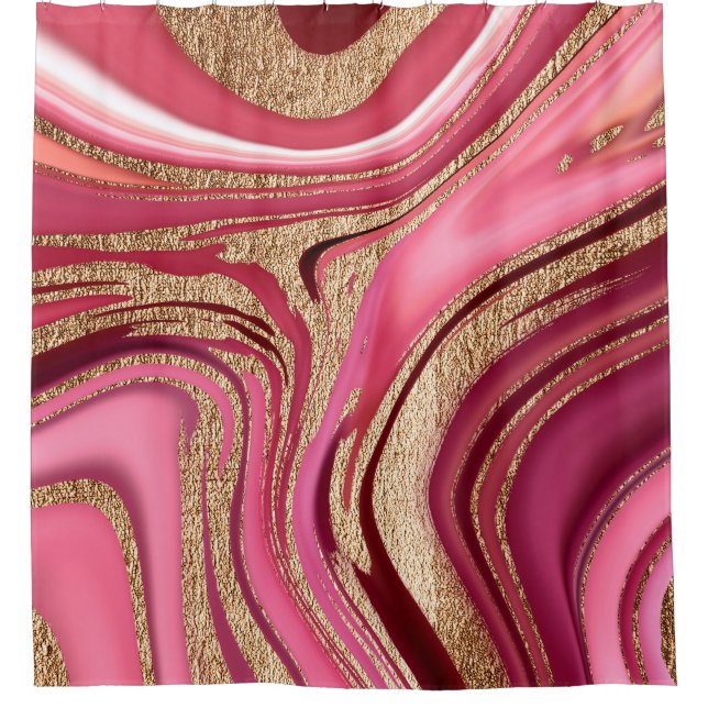 Abstract pink liquid marble with glitter gold shower curtain (Front)