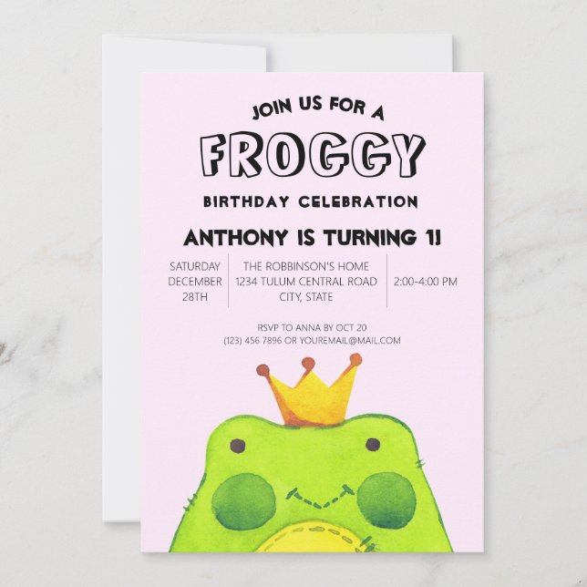 Abstract Pink Modern Simple Cute Green Frog  Invitation (Front)