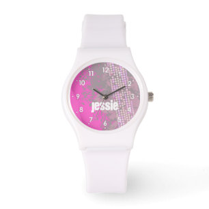 Abstract pink numbered name girls sports watch