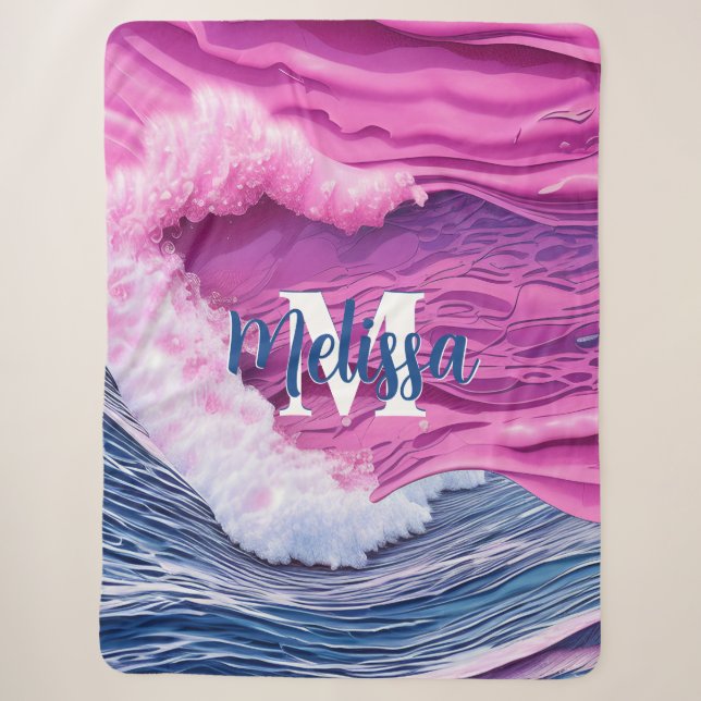 Abstract Pink Ocean Waves Monogram Sherpa Blanket (Front)