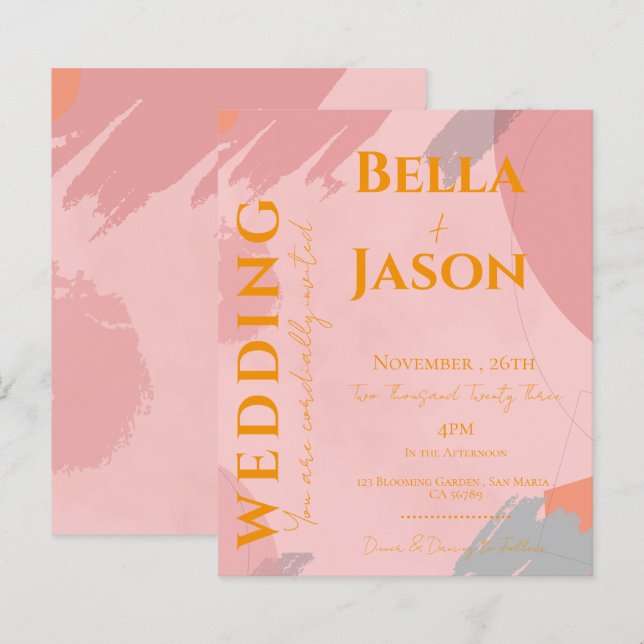 Abstract Pink Orange Pretty Wedding Invitation (Front/Back)