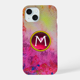 ABSTRACT PINK PURPLE FLORAL PINK GEM MONOGRAM iPhone 15 CASE
