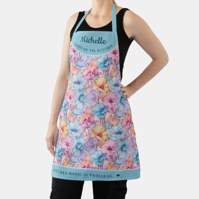 Abstract Pink Purple floral pretty personalised Apron (Insitu)