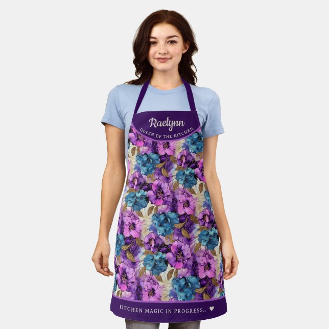 Abstract Pink Purple floral pretty personalised Apron (Worn)