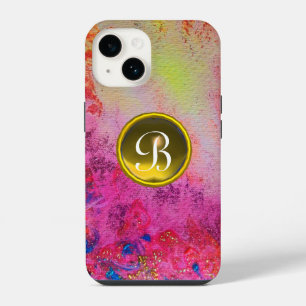 ABSTRACT PINK PURPLE FLORAL YELLOW GEM MONOGRAM iPhone 14 CASE