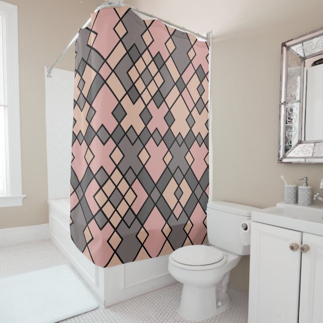Abstract pink purple grey geometric art shower curtain (In Situ)