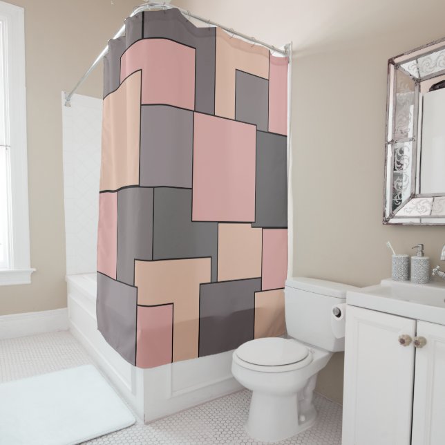Abstract pink purple grey geometric art shower curtain (In Situ)