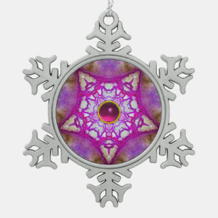 ABSTRACT PINK PURPLE STAR AND FUCHSIA AMETHYST GEM SNOWFLAKE PEWTER CHRISTMAS ORNAMENT