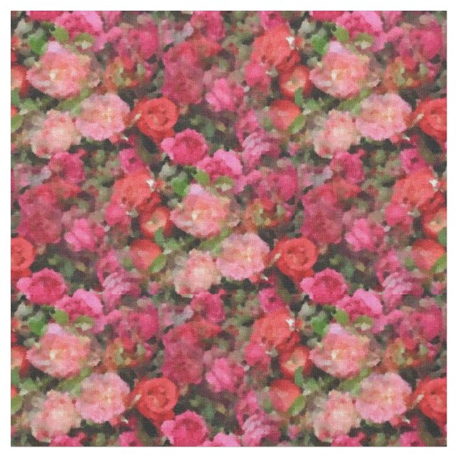 Abstract Pink & Red Roses with Greenery Fabric (Close Up)