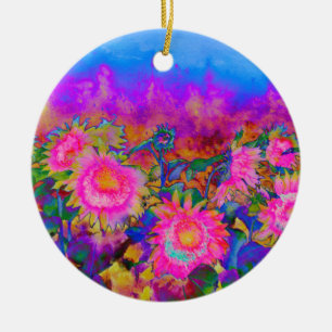 Abstract pink sunflower fields, retro flowers ceramic tree decoration