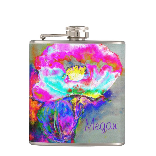 Abstract pink teal floral watercolor painting hip flask (Front)