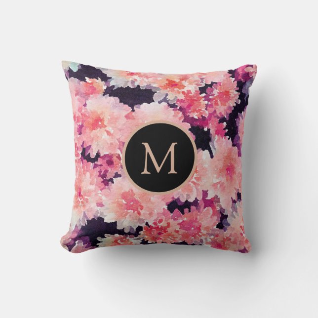 Abstract pink watercolor floral chic monogram cushion (Front)