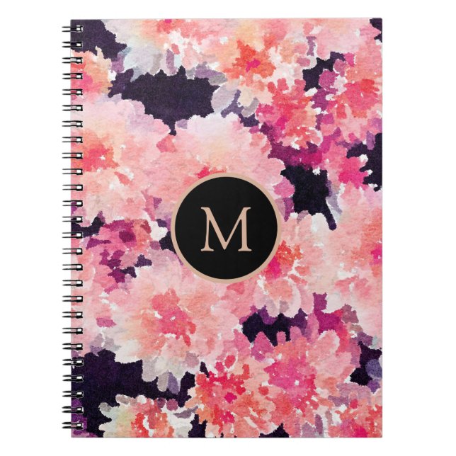 Abstract pink watercolor floral pattern monogram notebook (Front)
