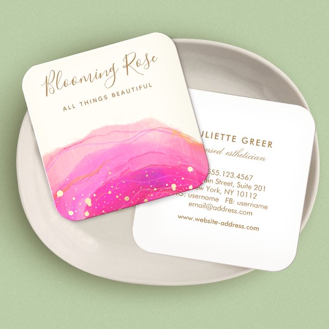 Abstract Pink Watercolor Gold Splatter Square   Sq Business Card (Creator Uploaded)