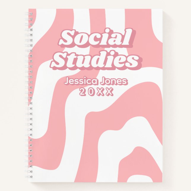 Abstract Pink White Wavy Lines School Subject Notebook (Front)