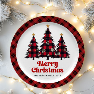 Abstract Plaid Christmas Tree Family Name Paper Pl Plate