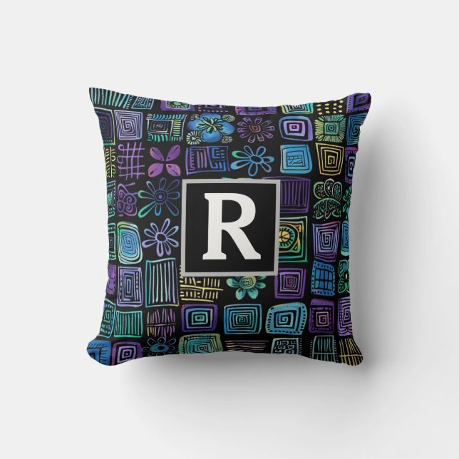 Abstract plant and geometric design monograph cushion (Front)