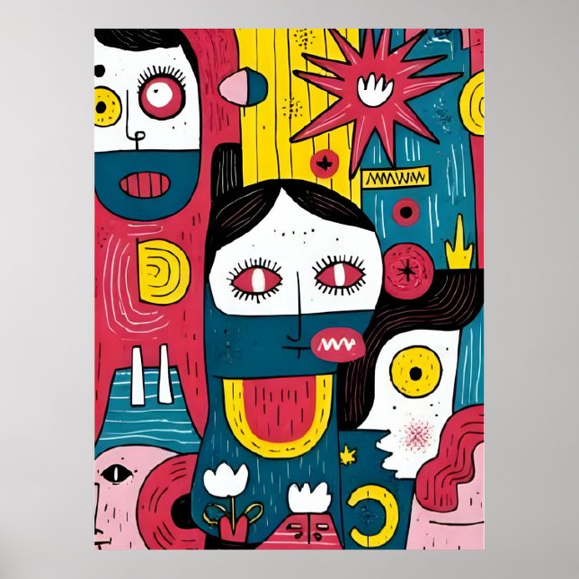 Abstract Pop Art Faces – Modern Doodle Expression Poster (Front)