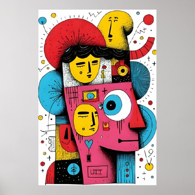 Abstract Pop Art Faces – Surreal Doodle Expression Poster (Front)