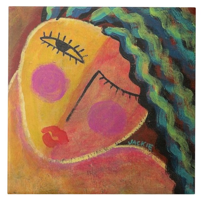 Abstract Portrait of a Woman with Wild Hair Tile (Front)