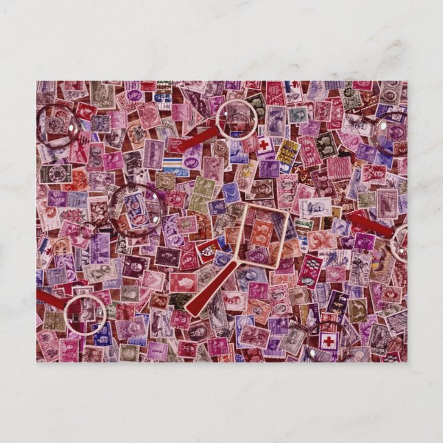 Abstract Postage stamps and magnifiers Postcard (Front)