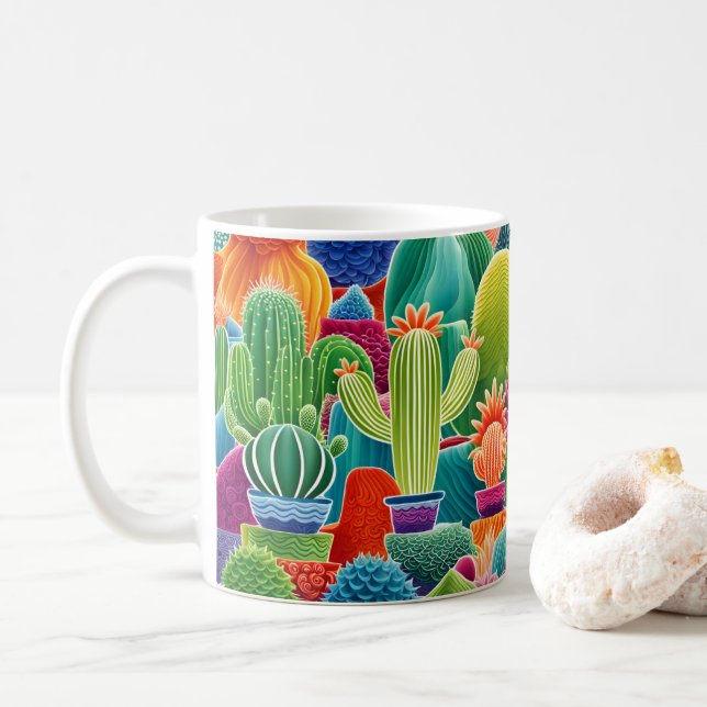 Abstract Potted Cacti Coffee Mug (With Donut)