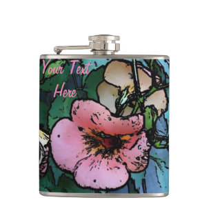 abstract pretty pink and black flowers hip flask