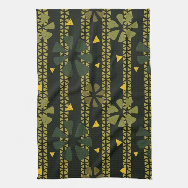 Abstract Print Brown Green Striped Tea Towel (Vertical)