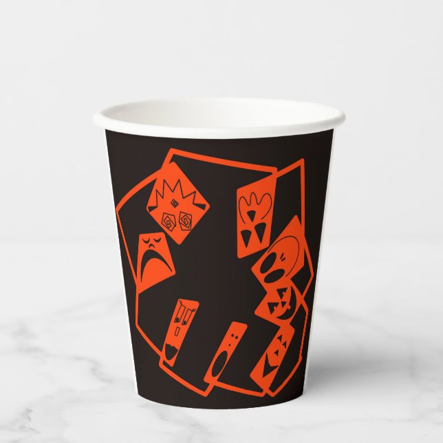 Abstract, pumpkin faces on black, Halloween Paper Cups (Front)