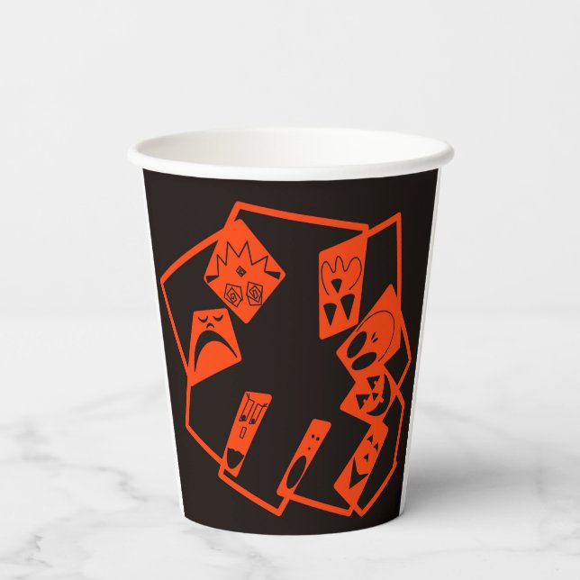 Abstract, pumpkin faces on black, Halloween Paper Cups (Back)