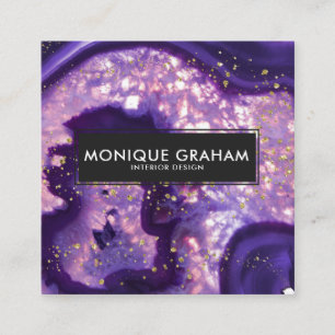 Abstract Purple Agate Geode Stone Gold Splatter Square Business Card