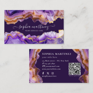 Abstract Purple Agate gold glitter marble QR Code Business Card