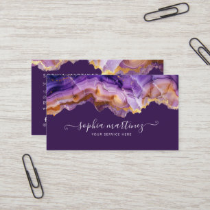 Abstract Purple Agate gold glitter marble QR Code Business Card