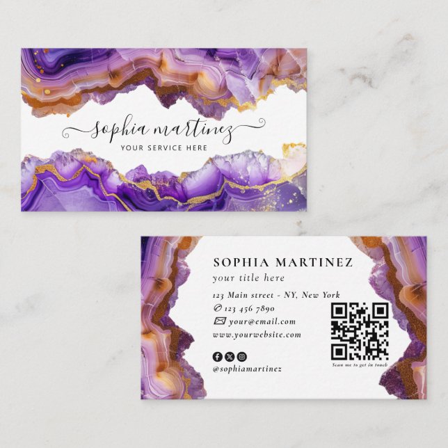 Abstract Purple Agate gold glitter marble QR Code Business Card (Front/Back)