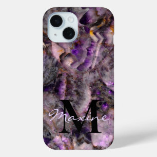 Abstract purple amethyst quartz marble monogram iPhone 15 case