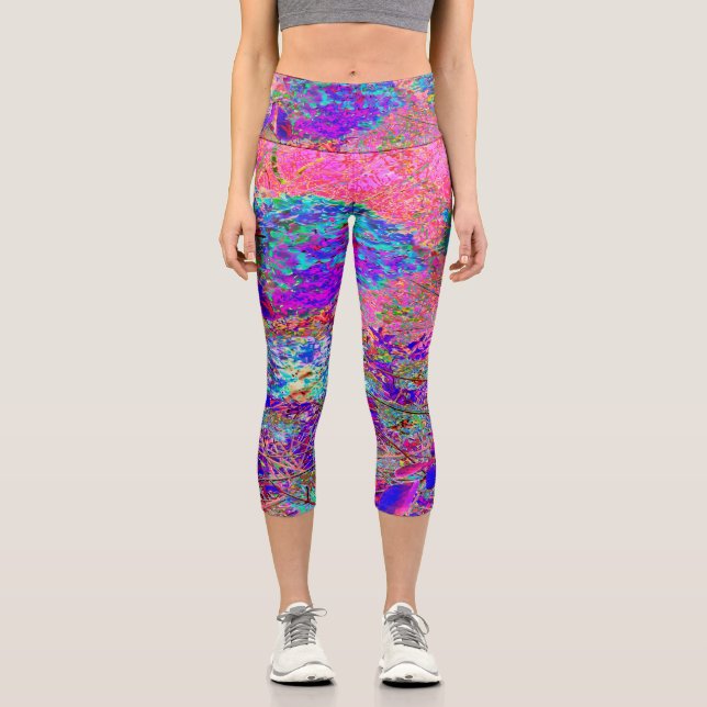 Abstract Purple and Blue Hydrangea with Magenta Capri Leggings (Front)