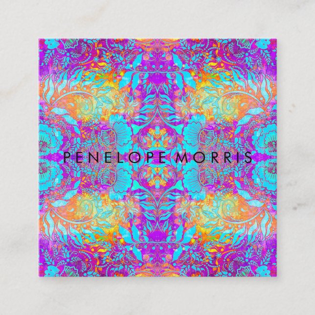 Abstract Purple Aqua Orange Beauty Stylist  Square Business Card (Front)