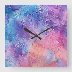 Abstract Purple Blue Mix Clouds Watercolour Art Square Wall Clock