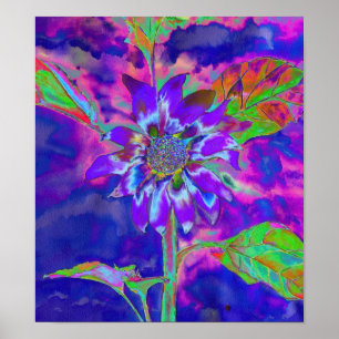 Abstract purple blue sunflower retro funky fun poster