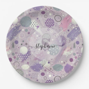 Abstract Purple Circles with Paint Strips Accents Paper Plate