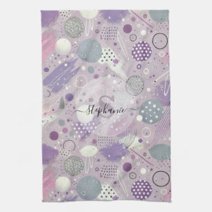 Abstract Purple Circles with Paint Strips Accents Tea Towel