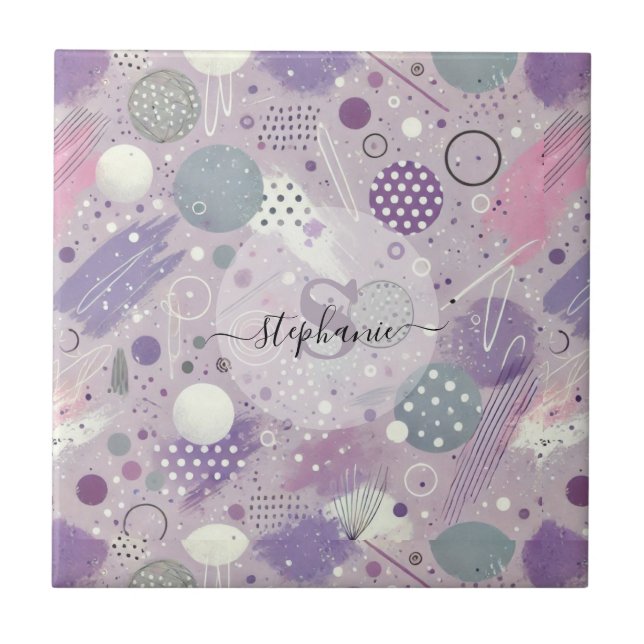 Abstract Purple Circles with Paint Strips Accents Tile (Front)