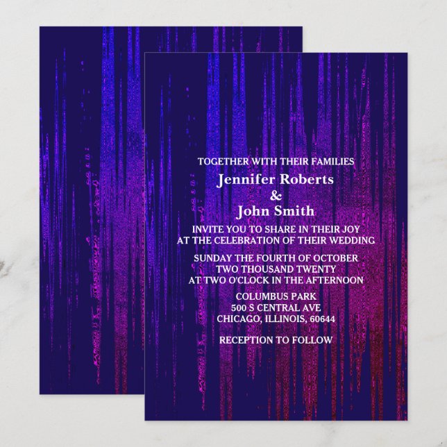 Abstract Purple Dark Navy Blue Boho Trendy Wedding Invitation (Front/Back)