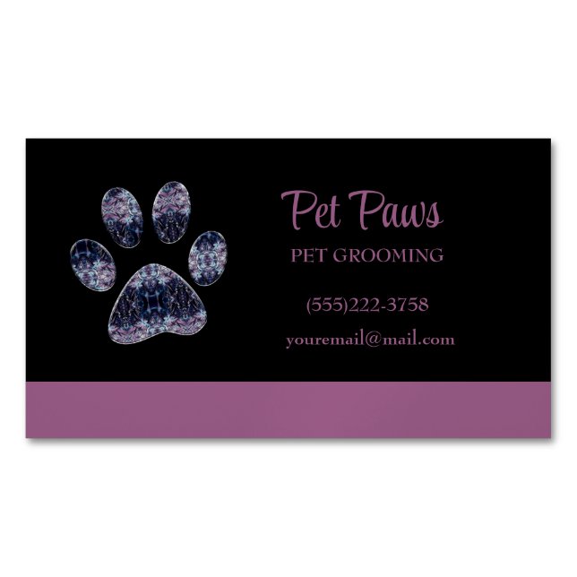 Abstract Purple Dog Paw Pet Grooming Service  Busi Magnetic Business Card (Front)