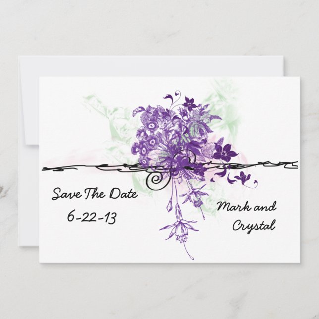 Abstract Purple Flowers Bouquet Save The Date (Front)