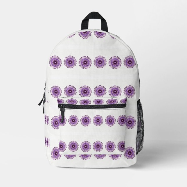Abstract purple flowers on white printed backpack (Front)