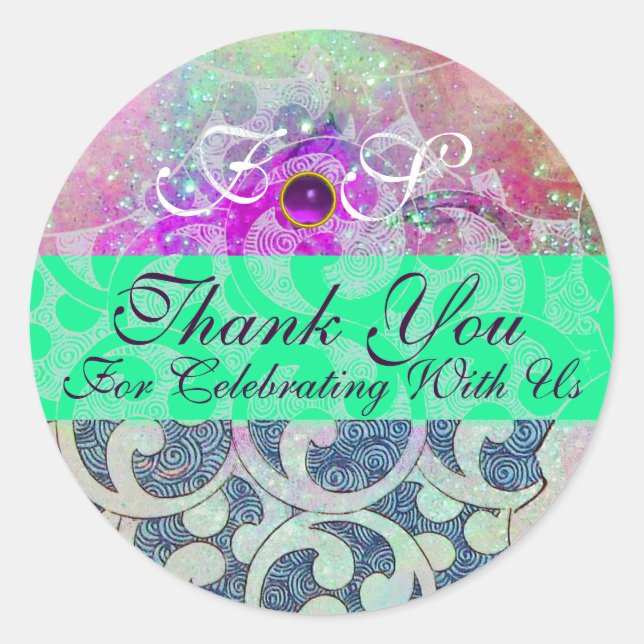 ABSTRACT PURPLE GEM BLUE GREEN WAVES -THANK YOU CLASSIC ROUND STICKER (Front)