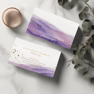 Abstract Purple & Gold Watercolor Landscape Script Business Card