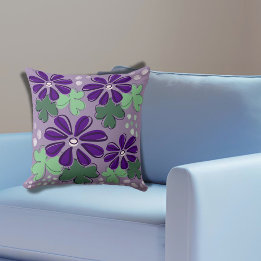 Abstract Purple Green Clover Leaves Floral Doodle Cushion