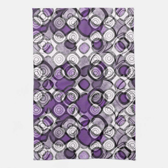 Abstract Purple, Grey and Black Circle Pattern Tea Towel (Vertical)